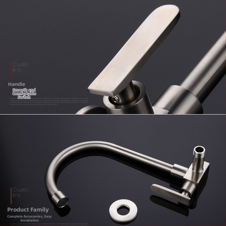 304 nerezová oceľ, stenová montáž, kuchynská batéria s keramickým kartridžom, iba studená voda, 0–90°C, 1 MPa