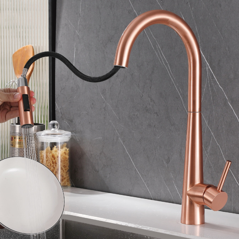 Vytiahnuteľný kuchynský kohútik – nerezová oceľ, miešací kohútik, model Little Rocket, keramický diskový ventil