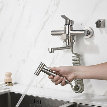 Zabudovaný kuchynský miešací kohútik na stenu, horúca/studená voda, dvojotvor, dlhá tryska so sprchovacím nástavcom, 304 nerezová oceľ, keramická vložka