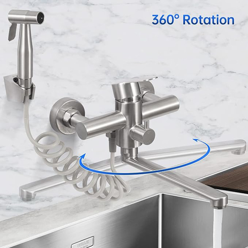 Zabudovaný kuchynský miešací kohútik na stenu, horúca/studená voda, dvojotvor, dlhá tryska so sprchovacím nástavcom, 304 nerezová oceľ, keramická vložka