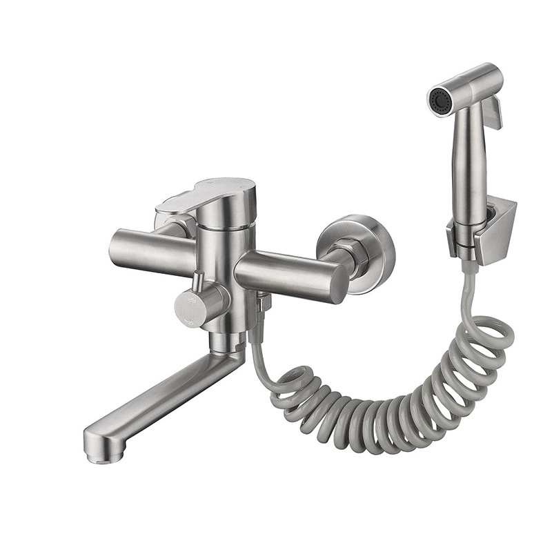 Zabudovaný kuchynský miešací kohútik na stenu, horúca/studená voda, dvojotvor, dlhá tryska so sprchovacím nástavcom, 304 nerezová oceľ, keramická vložka