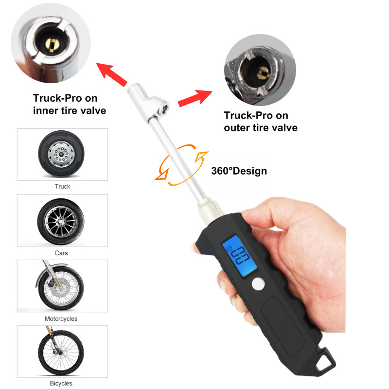Digitalni mjerač tlaka u gumama kamiona, XY-7, raspon 0-250 psi (0-17 bar), točnost 0,01, s pozadinskim osvjetljenjem, jedinice psi/bar/kPa/kg