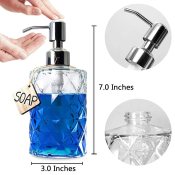 Stakleni dispenser sapuna s reljefnim staklom, ručni pritisak, moderan minimalistički stil, težina 340–390 g