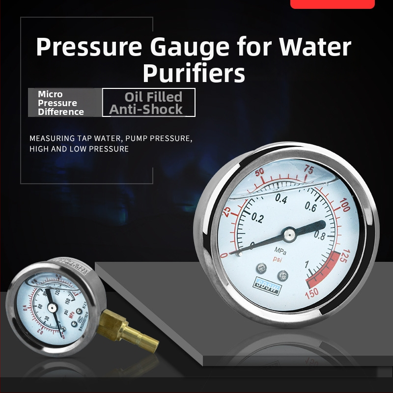 Vandens valymo įrenginio slėgio matuoklis — nerūdijantis plienas, alyvoje užpildytas, vandens valymo įrenginiams