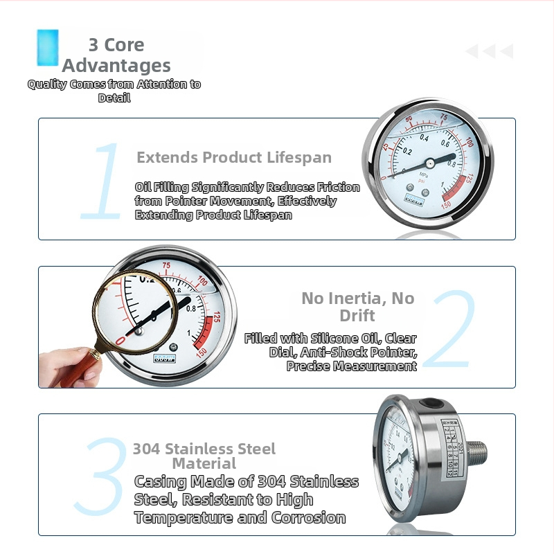 Vandens valymo įrenginio slėgio matuoklis — nerūdijantis plienas, alyvoje užpildytas, vandens valymo įrenginiams