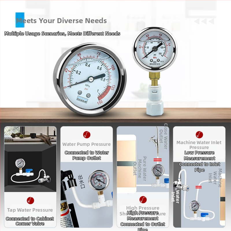 Vandens valymo įrenginio slėgio matuoklis — nerūdijantis plienas, alyvoje užpildytas, vandens valymo įrenginiams