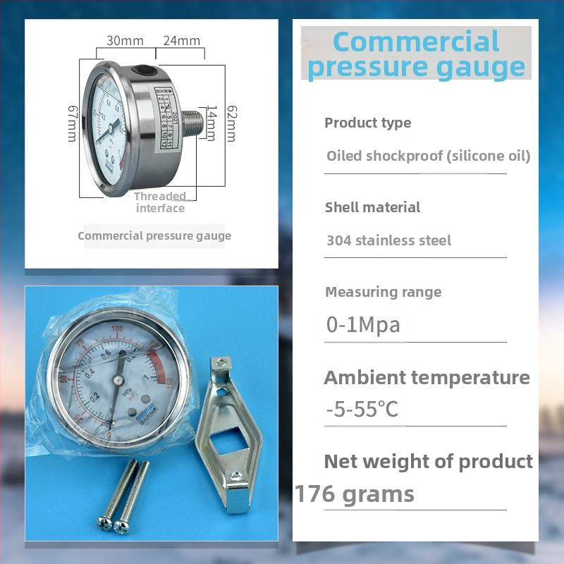 Vandens valymo įrenginio slėgio matuoklis — nerūdijantis plienas, alyvoje užpildytas, vandens valymo įrenginiams