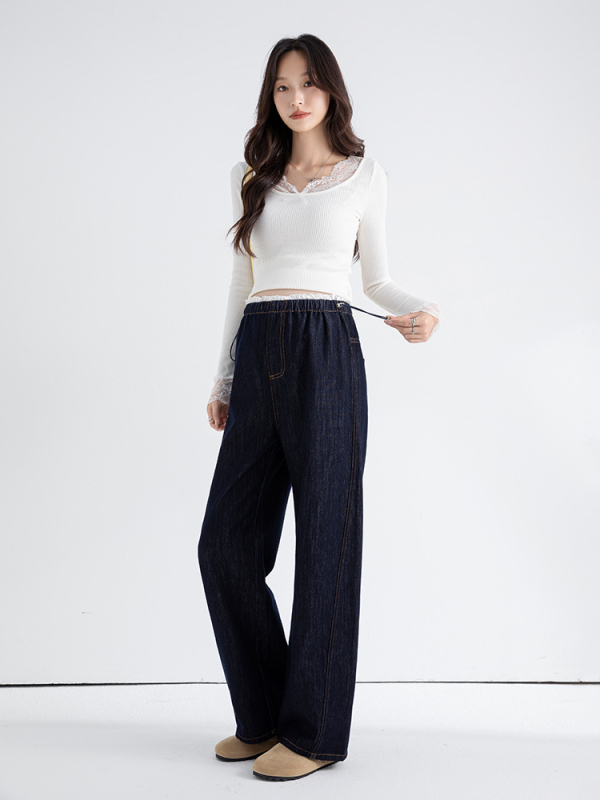 Jeans maternitate din denim cu talie elastică și șnur, croială largă, lungime până la podea, 80-90% bumbac