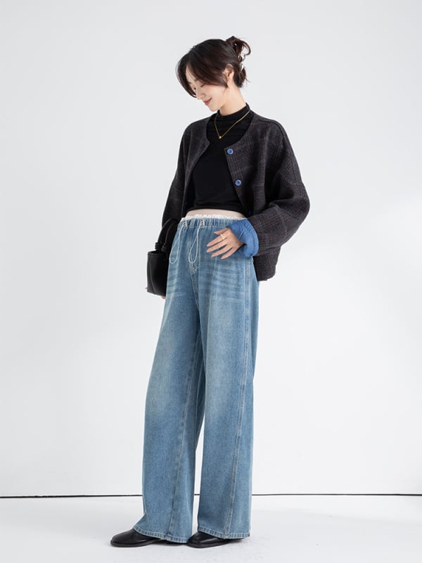 Jeans maternitate din denim cu talie elastică și șnur, croială largă, lungime până la podea, 80-90% bumbac