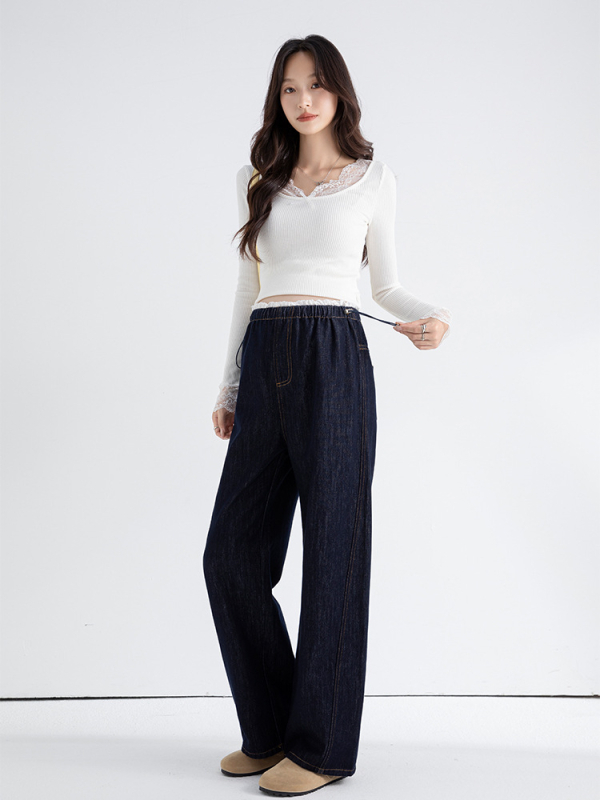 Jeans maternitate din denim cu talie elastică și șnur, croială largă, lungime până la podea, 80-90% bumbac