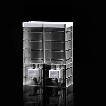 Τοίχου διπλού κεφαλιού χειροκίνητος διανομέας σαπουνιού • Υλικό: PP+PS • Διαδικασία: έγχυση χύτευσης • Στυλ: μοντέρνα απλότητα • Λειτουργία: πάτημα με το χέρι