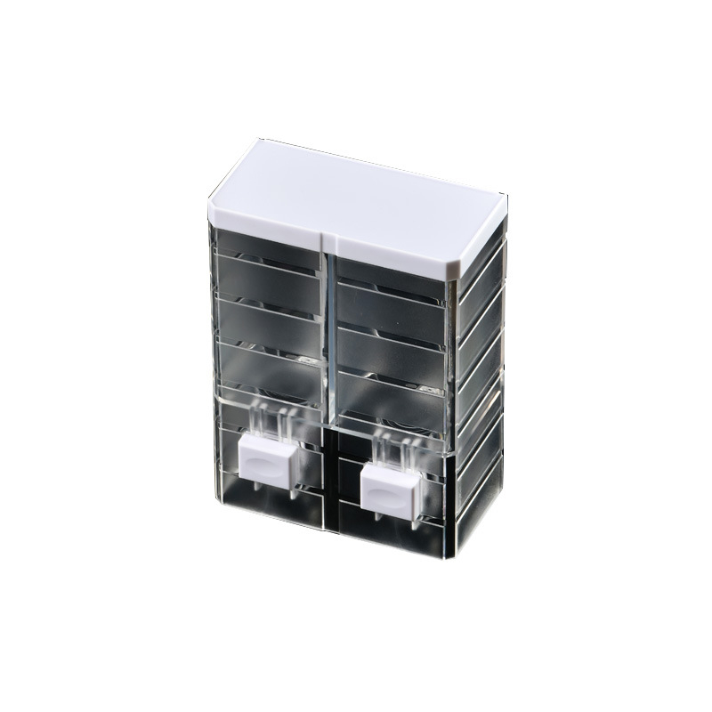 Τοίχου διπλού κεφαλιού χειροκίνητος διανομέας σαπουνιού • Υλικό: PP+PS • Διαδικασία: έγχυση χύτευσης • Στυλ: μοντέρνα απλότητα • Λειτουργία: πάτημα με το χέρι