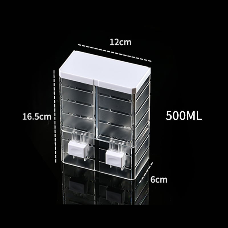 Τοίχου διπλού κεφαλιού χειροκίνητος διανομέας σαπουνιού • Υλικό: PP+PS • Διαδικασία: έγχυση χύτευσης • Στυλ: μοντέρνα απλότητα • Λειτουργία: πάτημα με το χέρι