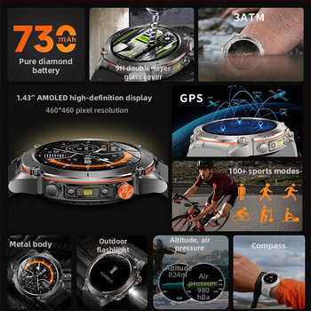 GPS спортен смарт часовник с барометър, алтиметър и компас, AMOLED дисплей