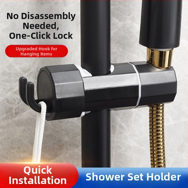 Dušo laikiklio komplektas su reguliuojama strypu ir slydimo gaubteliu — kabliuko montavimas; medžiaga plastikas; šiuolaikiškas minimalistinis stilius