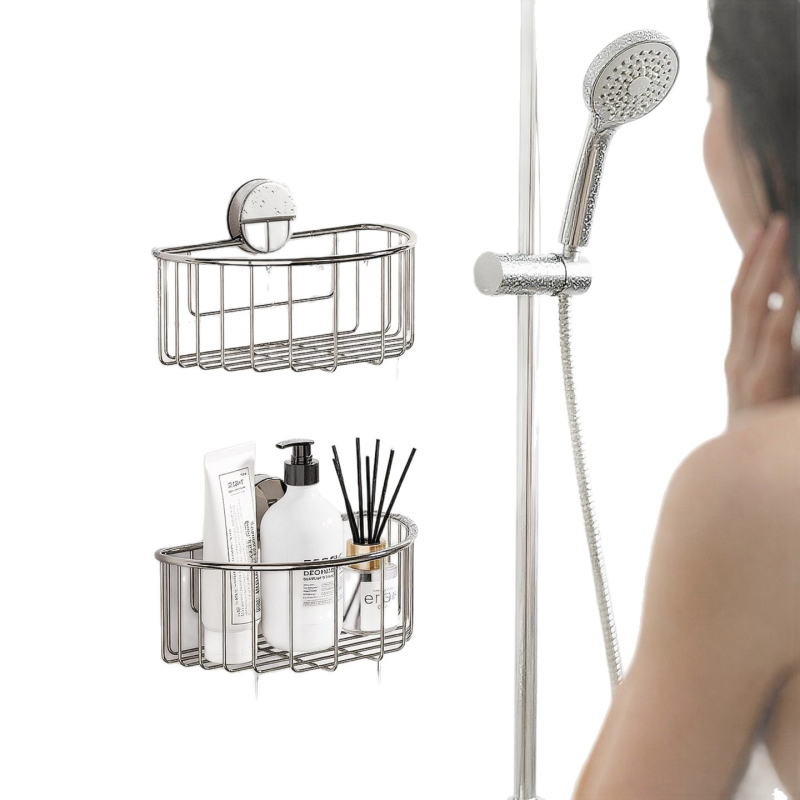 Nerezový regál do kúpeľne s prísavkou, nástenný organizér bez vŕtania, kruhový dizajn