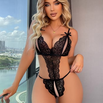 Μονόσωμο κορμάκι από δαντέλα, διαφανές, ανοιχτός καβάλος, στυλ τζάμπσουιτ, πολυεστερικό ύφασμα