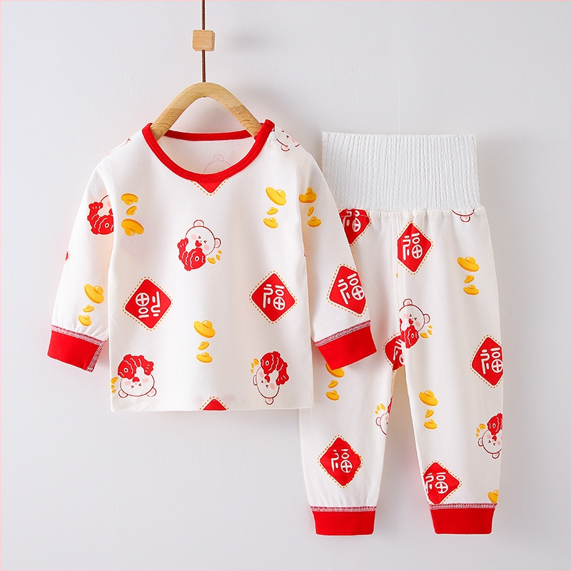 Kokvilnas zīdaiņu naktsveļas komplekts ar vēdera aizsardzību, apļveida kakla apkakle, garas piedurknes un bikses, piemērots pavasarim, rudenim un ziemai