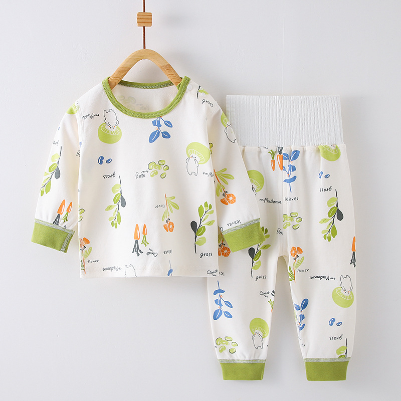 Kokvilnas zīdaiņu naktsveļas komplekts ar vēdera aizsardzību, apļveida kakla apkakle, garas piedurknes un bikses, piemērots pavasarim, rudenim un ziemai