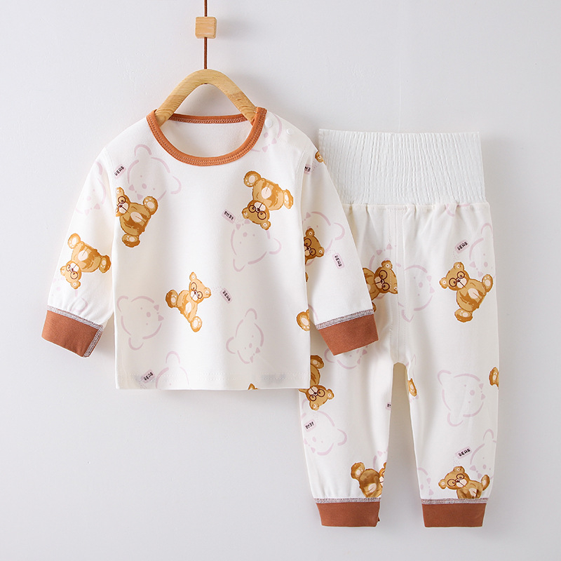 Kokvilnas zīdaiņu naktsveļas komplekts ar vēdera aizsardzību, apļveida kakla apkakle, garas piedurknes un bikses, piemērots pavasarim, rudenim un ziemai