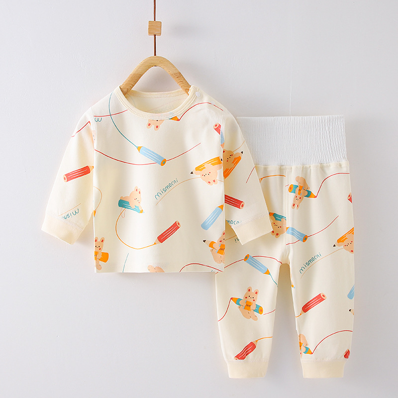 Kokvilnas zīdaiņu naktsveļas komplekts ar vēdera aizsardzību, apļveida kakla apkakle, garas piedurknes un bikses, piemērots pavasarim, rudenim un ziemai