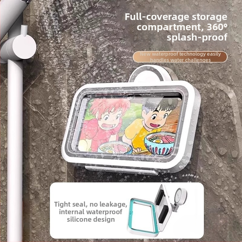 Vodotesný držiak na telefón do kúpeľne s povrchovou úpravou sprejovaným plastom a montážou bez vŕtania (Materiál: plast; Nosnosť: 1-5 kg; Jednoúrovňový stojan)