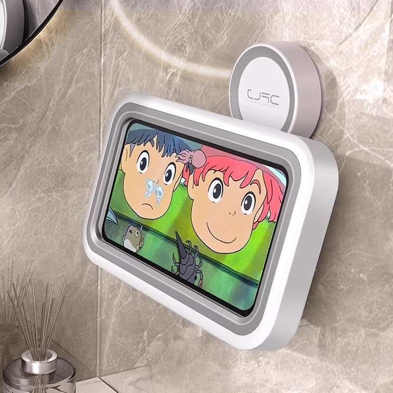 Vodotesný držiak na telefón do kúpeľne s povrchovou úpravou sprejovaným plastom a montážou bez vŕtania (Materiál: plast; Nosnosť: 1-5 kg; Jednoúrovňový stojan)