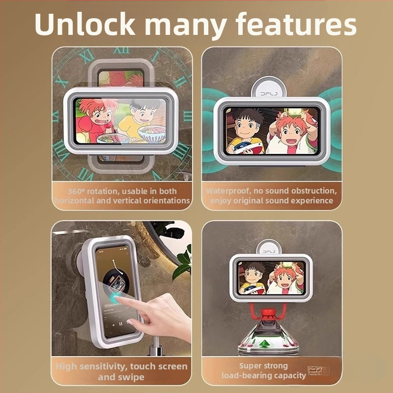 Vodotesný držiak na telefón do kúpeľne s povrchovou úpravou sprejovaným plastom a montážou bez vŕtania (Materiál: plast; Nosnosť: 1-5 kg; Jednoúrovňový stojan)