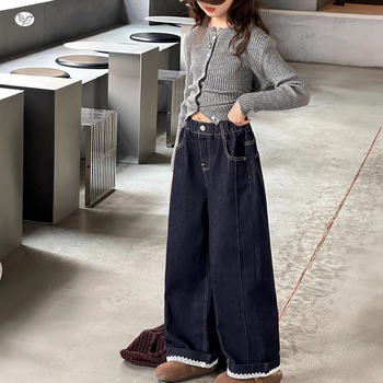 Dievčenské nohavice, voľný strih denim, 67% bavlna, flísová podšívka, vysoký pás, jednofarebné