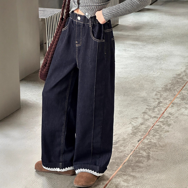 Dievčenské nohavice, voľný strih denim, 67% bavlna, flísová podšívka, vysoký pás, jednofarebné