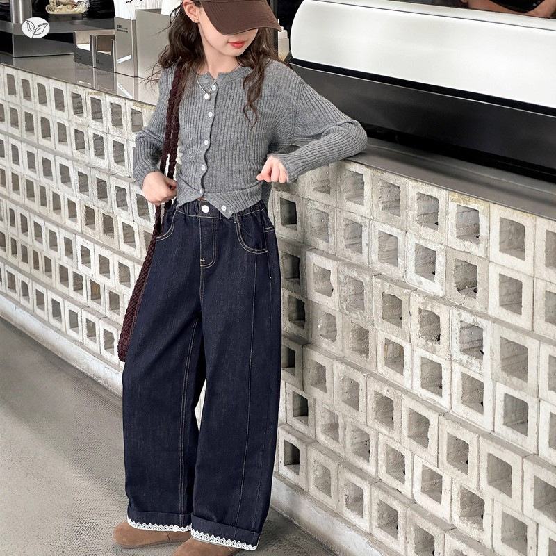 Dievčenské nohavice, voľný strih denim, 67% bavlna, flísová podšívka, vysoký pás, jednofarebné