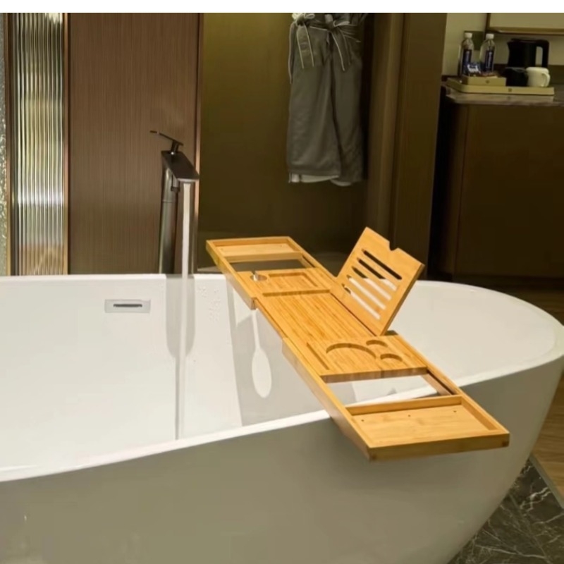 Raft de baie din bambus – o singură etaj, extensibil, organizator de baie cu suport pentru telefon/tabletă, stil modern