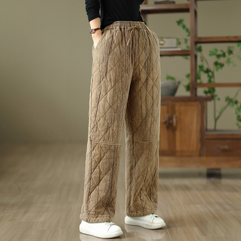 Дамски зимни прави панталони, висока талия, ленено-памучна материя, подплата от имитационна коприна и памук, средна плътност