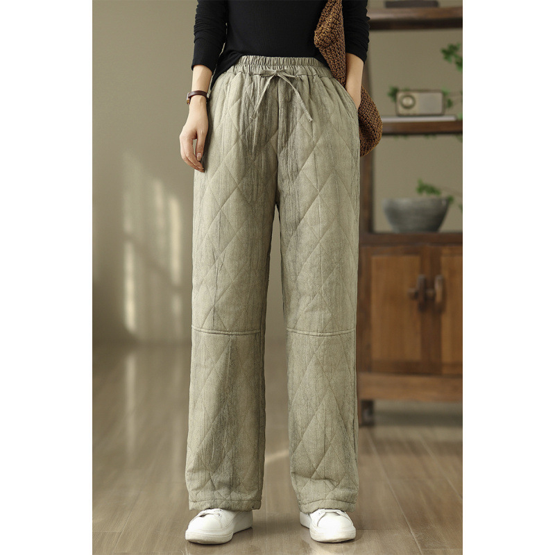 Дамски зимни прави панталони, висока талия, ленено-памучна материя, подплата от имитационна коприна и памук, средна плътност