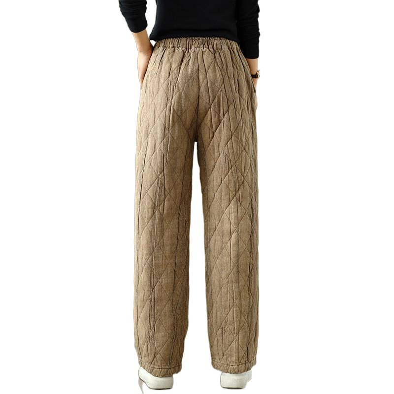 Дамски зимни прави панталони, висока талия, ленено-памучна материя, подплата от имитационна коприна и памук, средна плътност