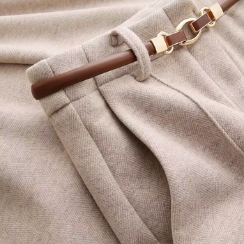 Dámske nohavice z vlneného zmesi, hrubé pre teplo, nastaviteľný pás, mestský štýl, zimná sezóna 2025