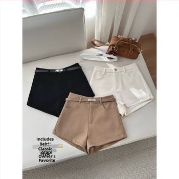 Moteriški vilnoniai šortai su dirželiu, A linijos siluetas, aukštas juosmuo, 95% vilna, Spandex