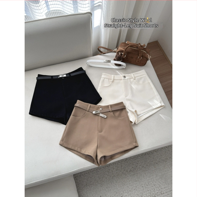 Moteriški vilnoniai šortai su dirželiu, A linijos siluetas, aukštas juosmuo, 95% vilna, Spandex