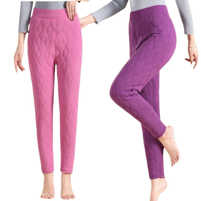 Дамски самонагряващи термални панталони с висока талия и коленни подложки от зайчи пух, Chenille плат със спандекс