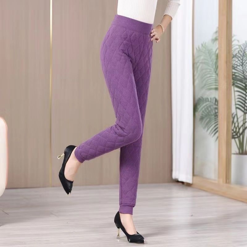 Дамски самонагряващи термални панталони с висока талия и коленни подложки от зайчи пух, Chenille плат със спандекс