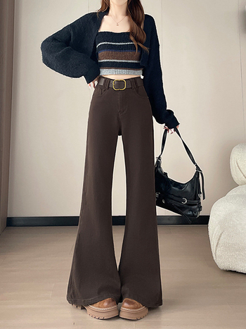 Дънки с подплата от флис, разкроени, висока талия, деним памук 95%+, зима 2025