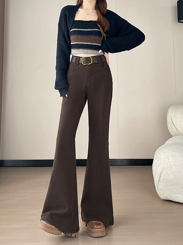 Дънки с подплата от флис, разкроени, висока талия, деним памук 95%+, зима 2025