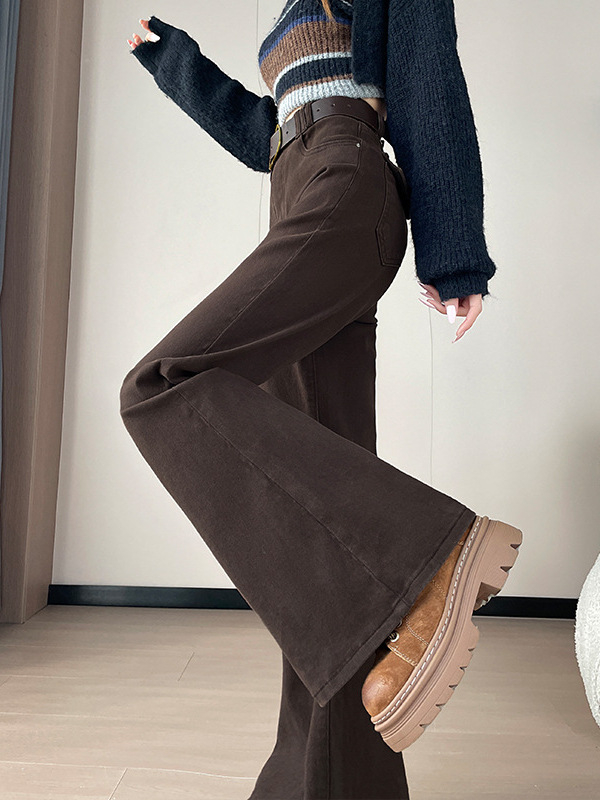 Дънки с подплата от флис, разкроени, висока талия, деним памук 95%+, зима 2025