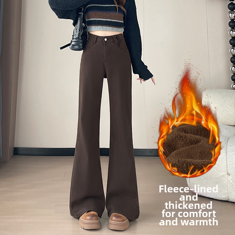 Plačios džinsinės kelnės su fleece pamušalu, aukštas liemuo, denim medvilnė 95%+, žieminė 2025