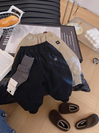 Dječje hlače corduroy, 100% poliester, zima, unisex, ležerni stil, srednji pojas s elastičnom trakom