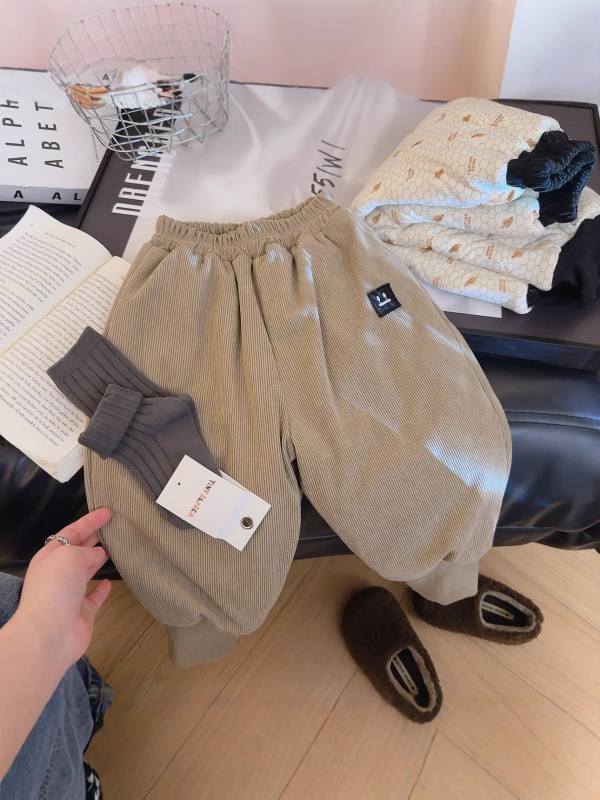 Dječje hlače corduroy, 100% poliester, zima, unisex, ležerni stil, srednji pojas s elastičnom trakom