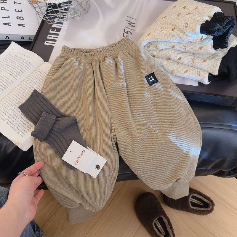 Dječje hlače corduroy, 100% poliester, zima, unisex, ležerni stil, srednji pojas s elastičnom trakom