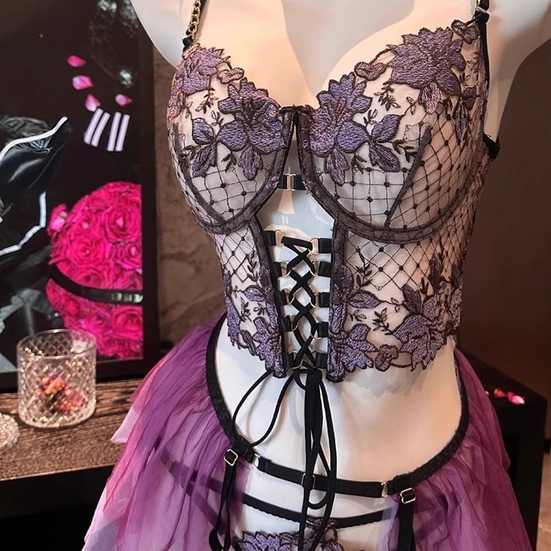 Луксозен комплект бельо с банел, полиестер, без ръкави, V-образно деколте, мини пола — удобно за сватбени фотосесии