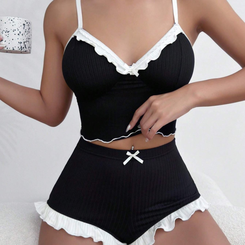 Set za spavanje: Top bez rukava s čipkom i volanima, poliester, udoban, prozračan