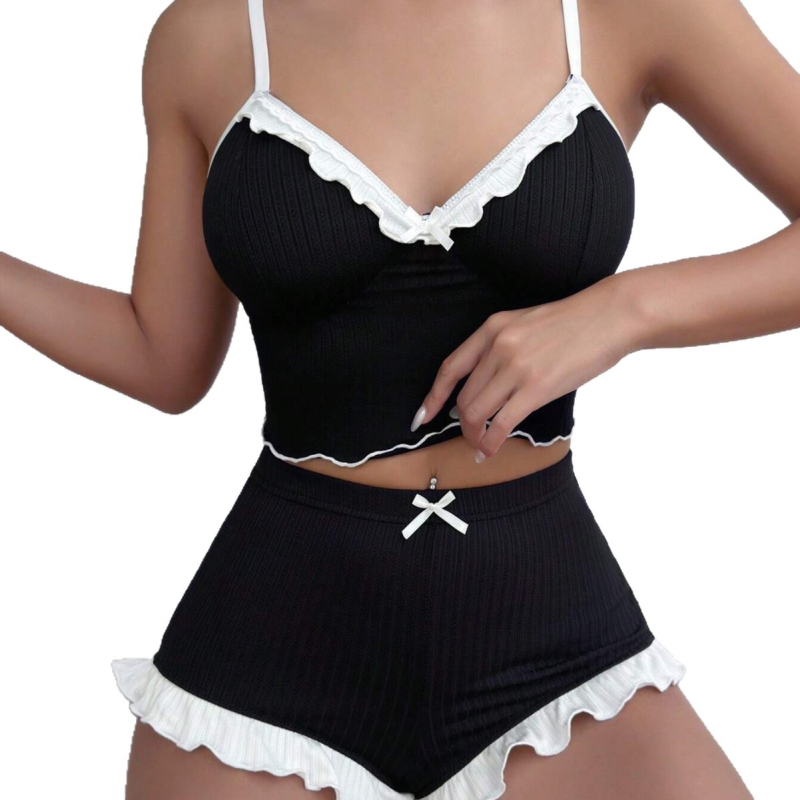 Set za spavanje: Top bez rukava s čipkom i volanima, poliester, udoban, prozračan